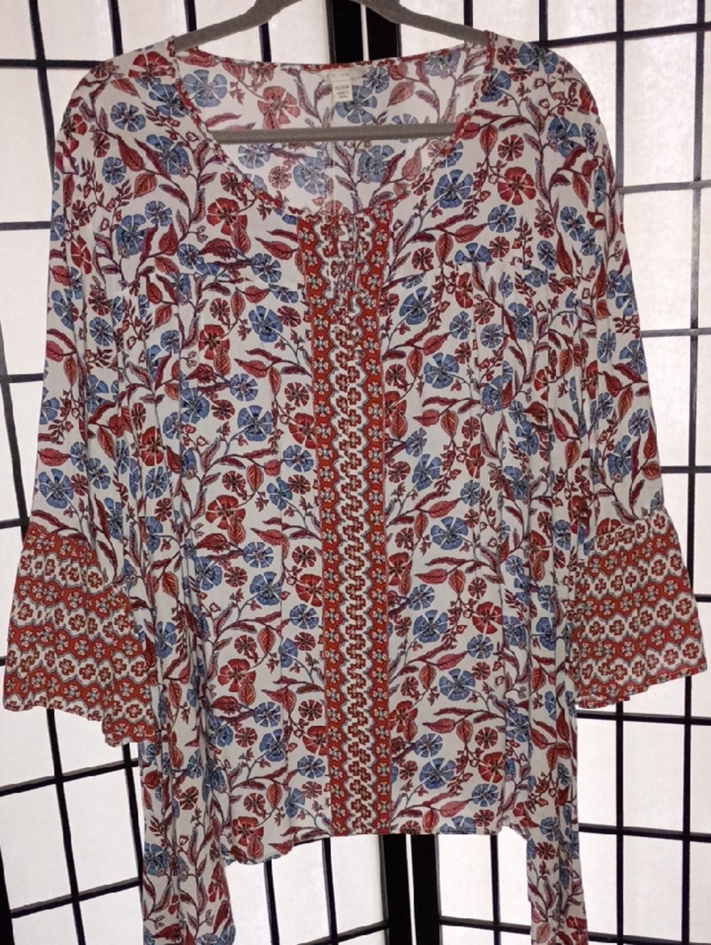 Cato Floral Split-Neck Tunic in Rust, Blue & Cream
